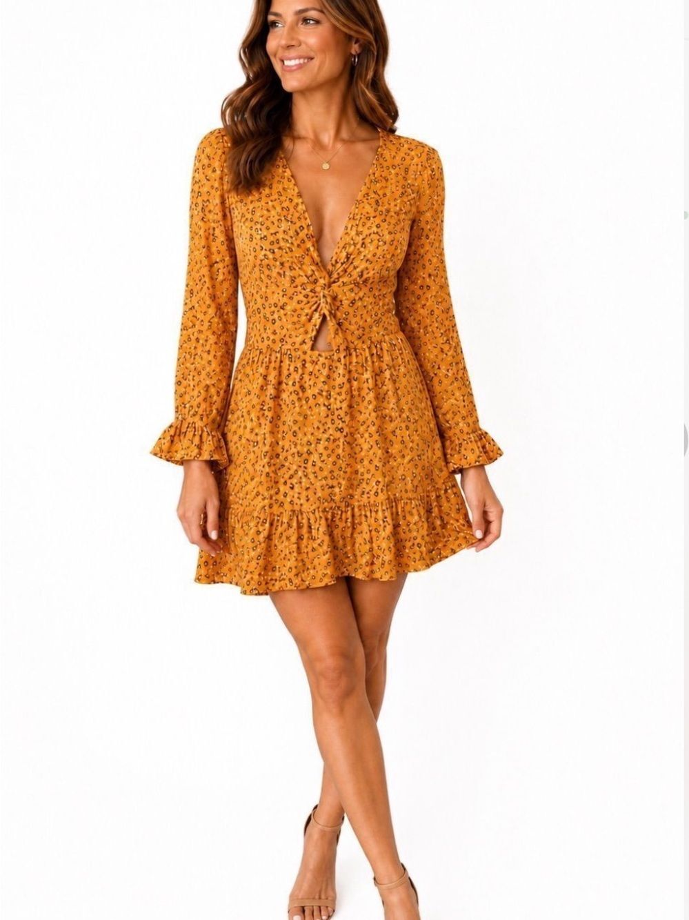 Le Lis Mustard Leopard Print Tie-Front Mini Dress M